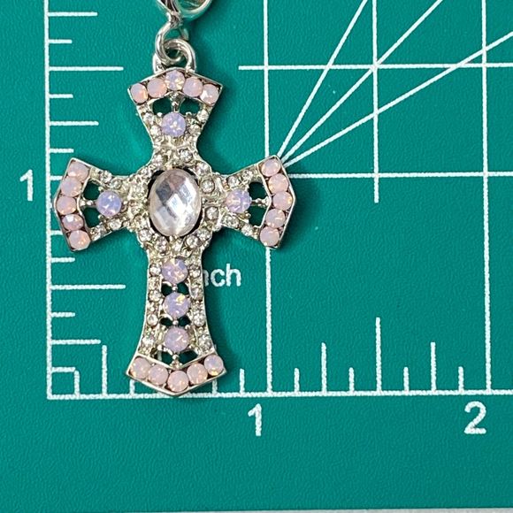 Cross Pendant Opalescent And  Clear Rhinestones Pave Silver Tone Ball Chain - Picture 10 of 10